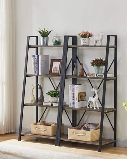 BON AUGURE Rustic Ladder Bookshelf, 4 Tier Industrial Ladder Shelf Bookcase, Standing Leaning Book Shelves for Living Room (Dark Gray Oak) - LeafyLoom