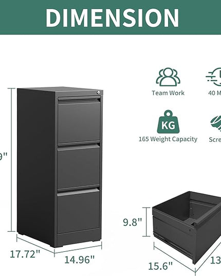 3 Drawer File Cabinet with Lock, Metal Vertical Filing Cabinets for Home Office, Steel Storage Cabinet for Hanging Legal/Letter Size Files, Assembly Required (Black) - LeafyLoom