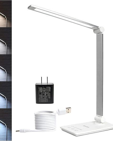 Desk Lamp, Desk Light, Dimmable Table Lamp, 7W, 5 Color Modes, 6 Brightness Levels, Touch Control, Memory Function, LED Foldable Led Lamp for Reading, Working, Office, Study (Silver) - LeafyLoom