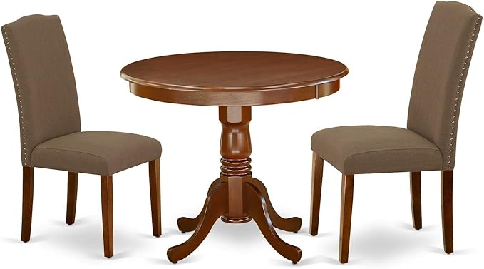 East West Furniture ANEN3-MAH-18 Antique 3 Piece Room Furniture Set Contains a Round Kitchen Table with Pedestal and 2 Dark Coffee Linen Fabric Parson Dining Chairs, 36x36 Inch - LeafyLoom