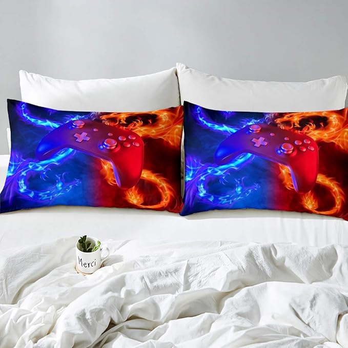 Ice Fire Dragon Comforter Set for Boys Teens Kids Gamer Games Room Decor Bedding Set Blue Red Gaming Gamepad Down Comforter ,Fairy Tale Animals Theme Room Decor 3Pcs Duvet Insert Full Size,Soft - LeafyLoom