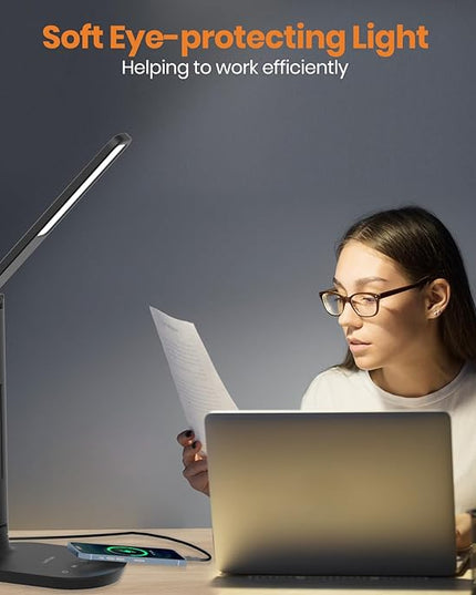 LASTAR Desk Lamp, Dimmable Eye-Protecting Table Lamps with Night Light, USB Charging Port, 4 Color Temperature Modes, 5 Brightness Levels, 1H Timer, Touch Control for Home Office Bedroom - LeafyLoom