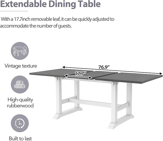 76.9 Inch Dining Table Set for 6, Extendable Dining Table Set with Removable Leaf, Kitchen Table Set with Upholstered Side Chair and Arm Chair for Dining Room, White+Grey - LeafyLoom