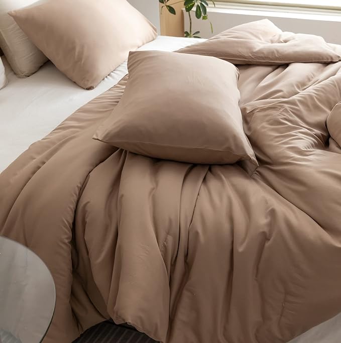 ROSGONIA Queen Comforter Set Taupe Brown, 3pcs(1 Boho Tan Comforter & 2 Pillowcases) All Season Soft Bedding Lightweight Bedspread Blanket Quilt - LeafyLoom