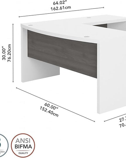 Bush Business Furniture Echo L Shape Desk with Wire Management | Corner Bow Front Table for Home Office with Quick-to-Assemble Hardware, 60W, Pure White and Modern Gray - LeafyLoom