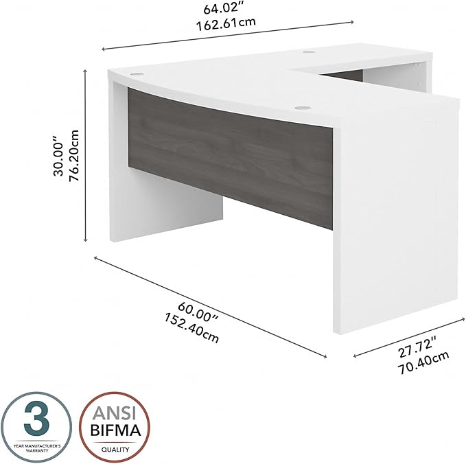 Bush Business Furniture Echo L Shape Desk with Wire Management | Corner Bow Front Table for Home Office with Quick-to-Assemble Hardware, 60W, Pure White and Modern Gray - LeafyLoom