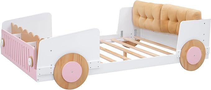 Full size Car-Shaped Platform Bed with Soft Cushion,Wooden Car Bedframe W/Footboard in-Build Shelves,Easy Assembly,Fun Play Design,Bedroom Furniture for Boys Girls Kids Toddlers Teens,White - LeafyLoom