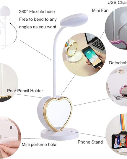 White Desk Lamp for Girls, 5 in 1 Cute Desk Lamp with Pencil Holder, Detachable Mirror, Mini Fan, Phone Holder, USB Charging Port, Eye-Caring Study Table Lamp for Teens Girls Women Dorm Reading - LeafyLoom
