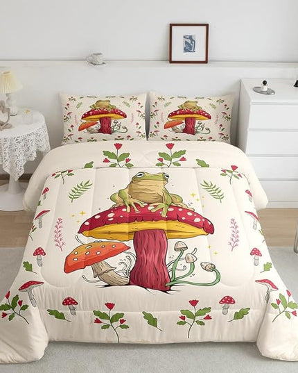 Frog Print Bedding Set Kids Kawaii Decor Comforter Set Frog Mushrooms Comforter Cover Set for Room Decor Botanica Cute Mushroom Decor Beige Red Duvet Set Full Size 3Pcs Quilt Set - LeafyLoom