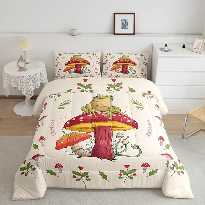 Frog Print Bedding Set Kids Kawaii Decor Comforter Set Frog Mushrooms Comforter Cover Set for Room Decor Botanica Cute Mushroom Decor Beige Red Duvet Set Full Size 3Pcs Quilt Set - LeafyLoom