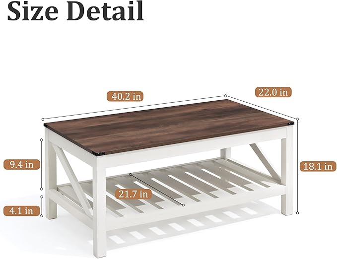 Farmhouse Coffee Table with 2-Tier Shelves - Rectangular Coffee Table with Storage for Living Room, Wood Coffee Table with Sturdy Frame, Brown - LeafyLoom
