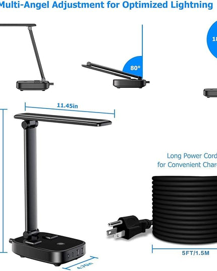 LED Desk Lamp with 4 USB Charging Ports and 2 AC Outlets,5ft Extension Cord Power Strip Station, 3 Level Brightness, Touch Dimmer Control, Office Table Eye Care Lamp bedroom hotel - LeafyLoom