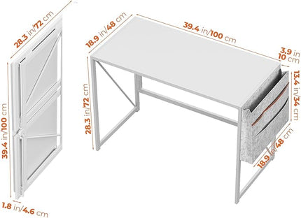 Folding Desk, Small Foldable Desk 39.4 Inch for Small Space, Computer Table Home Office Writing Desk with Storage Bag Headphone Hook, Easy Assembly, White - LeafyLoom
