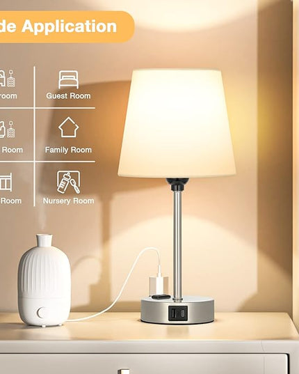 Table Lamps for Bedrooms Set of 2 Bedside - Nightstand with USB C Port and AC Outlet Charging, Dimmable Touch Small White End Side Lamp Light for Kid/Guest Room/Living Room - LeafyLoom