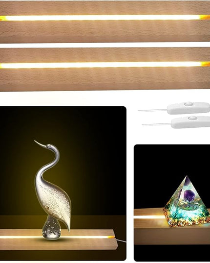 LED Light Display Base, 2 pcs 11.81 Inch Wooden LED Light Base for Acrylic, Rectangle Wood Display Pedestal, 3D Crystal Light Base For Glass Art, Wood Night LED Light Lamp Base with Usb Switch - LeafyLoom