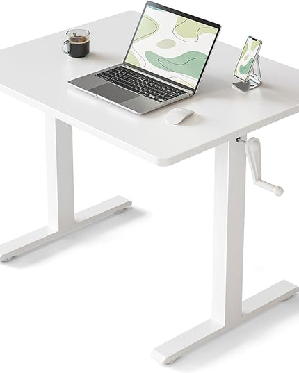 FEZIBO 32" Whole Piece Crank Height Adjustable Desk, 32 Inches Manual Standing Desk, Writing Table with Handle, Home Office Desk with White Frame/White Table Top - LeafyLoom