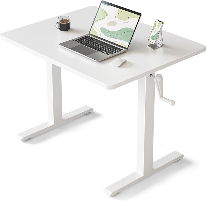 FEZIBO 32" Whole Piece Crank Height Adjustable Desk, 32 Inches Manual Standing Desk, Writing Table with Handle, Home Office Desk with White Frame/White Table Top - LeafyLoom