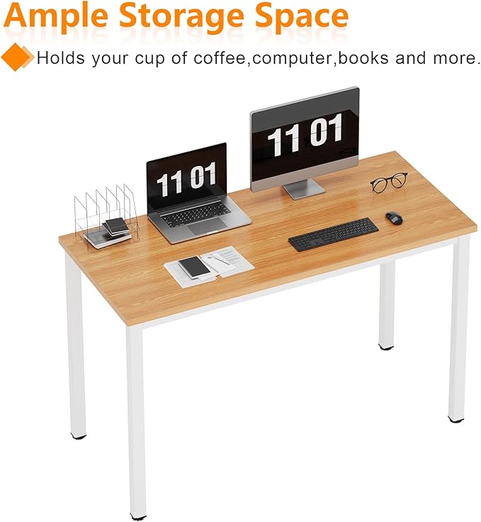 Need Computer Desk, 47 inch Home Office Desk, Modern Simple Style Home Office Gaming Desk, Basic Writing Table for Study Student, White Metal Frame, Teak - LeafyLoom
