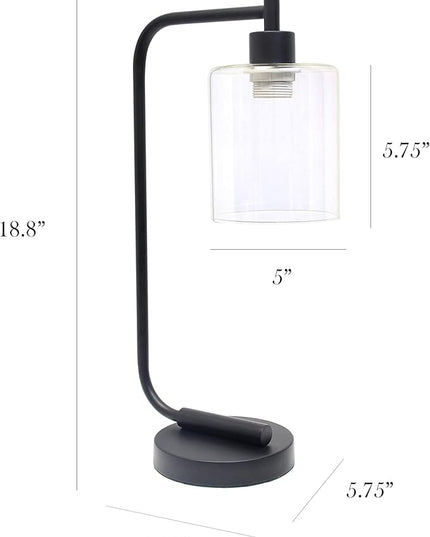 Simple Designs LD1036-BLK Bronson Antique Style Industrial Iron Lantern Desk Bedside Glass Shade Table Lamp, Black - LeafyLoom