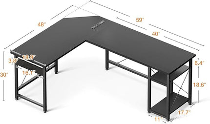 Coleshome L Shaped Computer Desk 59" with Power Outlet, Corner Desk Workstation with Storage Shelves, Modern Wooden Office Gaming Desk, Wood & Metal PC Desk, Black - LeafyLoom