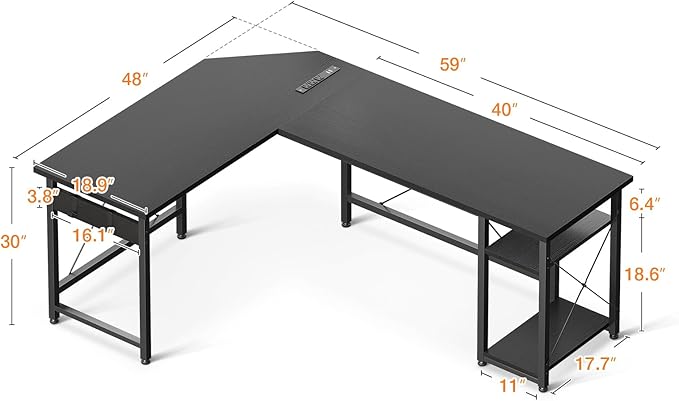 Coleshome L Shaped Computer Desk 59" with Power Outlet, Corner Desk Workstation with Storage Shelves, Modern Wooden Office Gaming Desk, Wood & Metal PC Desk, Black - LeafyLoom