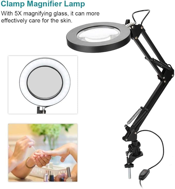LED Magnifying Lamp with Clamp, 5X Magnifier Glass Light Lens, USB Dimmable Desk lamp for Table Craft or Workbench - LeafyLoom