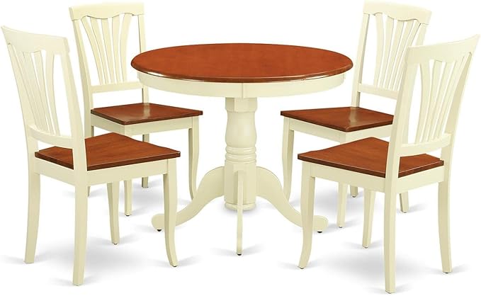 East West Furniture ANAV5-WHI-W 5 Piece Room Furniture Set Includes a Round Kitchen Table with Pedestal and 4 Dining Chairs, 36x36 Inch - LeafyLoom