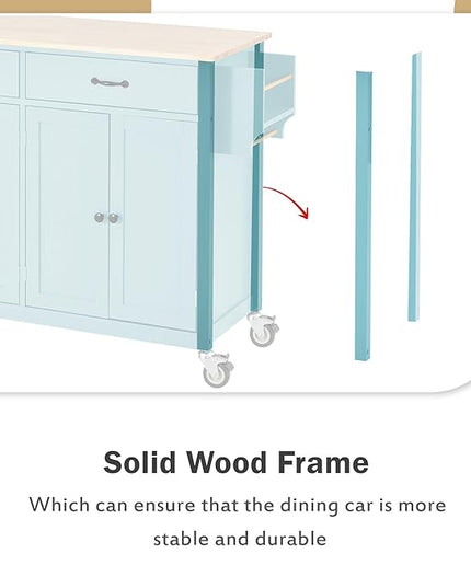 Kitchen Island Cart with Solid Wood Top, Mobile Kitchens Carts with Storage Cabinet, Rolling Kitchen Table w/Spice Rack, Towel Rack, and Drawer, Portable Islands on Wheels for Bar - LeafyLoom