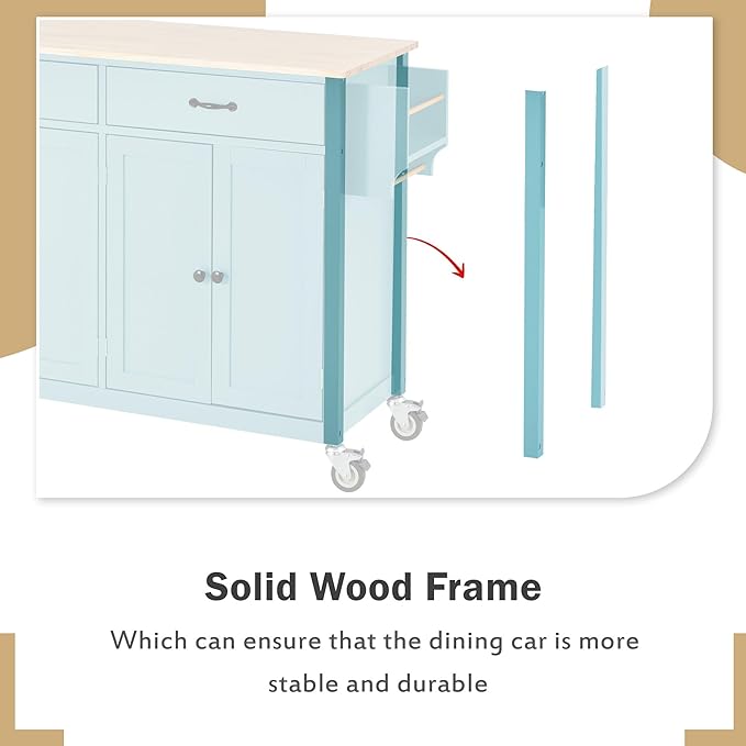 Kitchen Island Cart with Solid Wood Top, Mobile Kitchens Carts with Storage Cabinet, Rolling Kitchen Table w/Spice Rack, Towel Rack, and Drawer, Portable Islands on Wheels for Bar - LeafyLoom