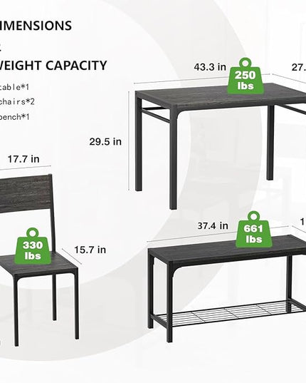 Kitchen Table and 2 Chairs for 4 with Bench, 4 Piece Dining Sets for Small Space, Grey - LeafyLoom