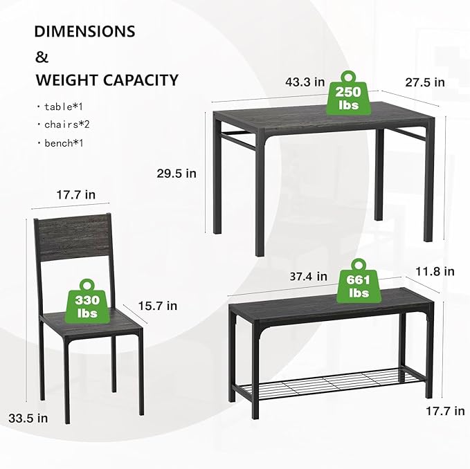Kitchen Table and 2 Chairs for 4 with Bench, 4 Piece Dining Sets for Small Space, Grey - LeafyLoom