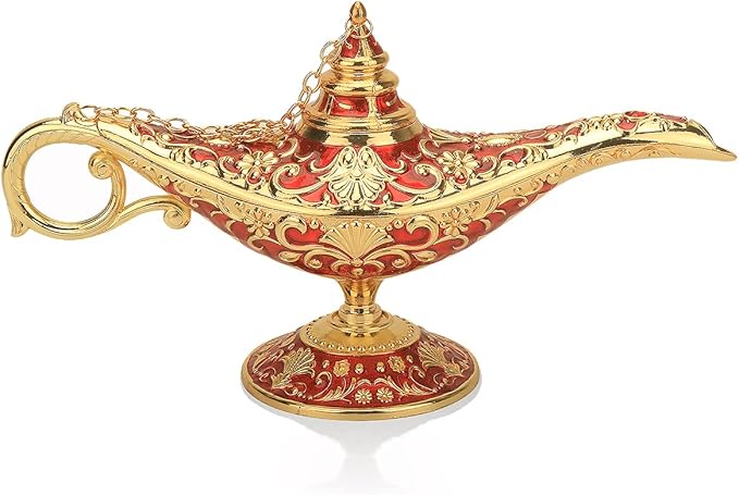 Legend Aladdin Lamp Magic Genie Wishing Light, Classic Arabian Nights Costume Props Lamp Table Decor for Home Wedding Party Halloween Birthday Beautiful Gift Toy for Women Girl (Red & Gold) - LeafyLoom
