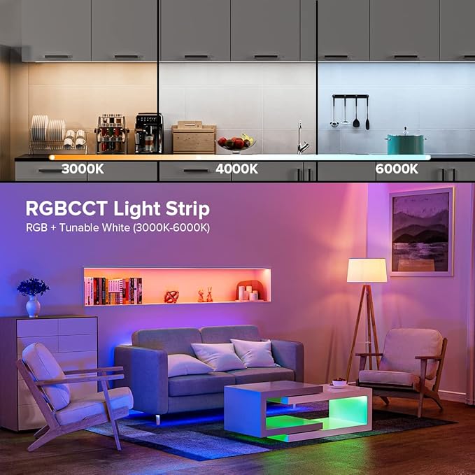 BTF-LIGHTING RGBCCT 5 Colors in 1 LED Tape Lights 5050SMD RGBWW RGB+Dimmable Color Temperature 2700K-6500K 16.4ft 96LED/m 480LED IP30 DC12V Black PCB for Home Decoration(No Adapter or Controller) BTF-LIGHTING