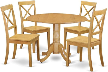 East West Furniture DLBO5-OAK-W 5 Piece Dining Set Includes a Round Dining Room Table with Dropleaf and 4 Kitchen Chairs, 42x42 Inch, Oak - LeafyLoom