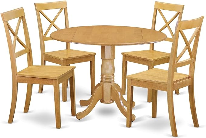 East West Furniture DLBO5-OAK-W 5 Piece Dining Set Includes a Round Dining Room Table with Dropleaf and 4 Kitchen Chairs, 42x42 Inch, Oak - LeafyLoom