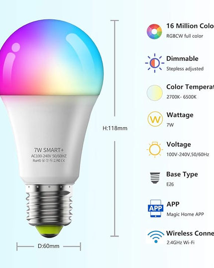 Smart Light Bulbs 4Pack, WiFi & Bluetooth 5.0, App Control, Color Changing LED Bulb, A19 E26 800LM Dimmable RGB Lights, 2700~6500K, Smart Home Lighting Works with Alexa Google Assistant Vanance