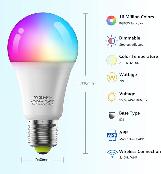Smart Light Bulbs 4Pack, WiFi & Bluetooth 5.0, App Control, Color Changing LED Bulb, A19 E26 800LM Dimmable RGB Lights, 2700~6500K, Smart Home Lighting Works with Alexa Google Assistant Vanance