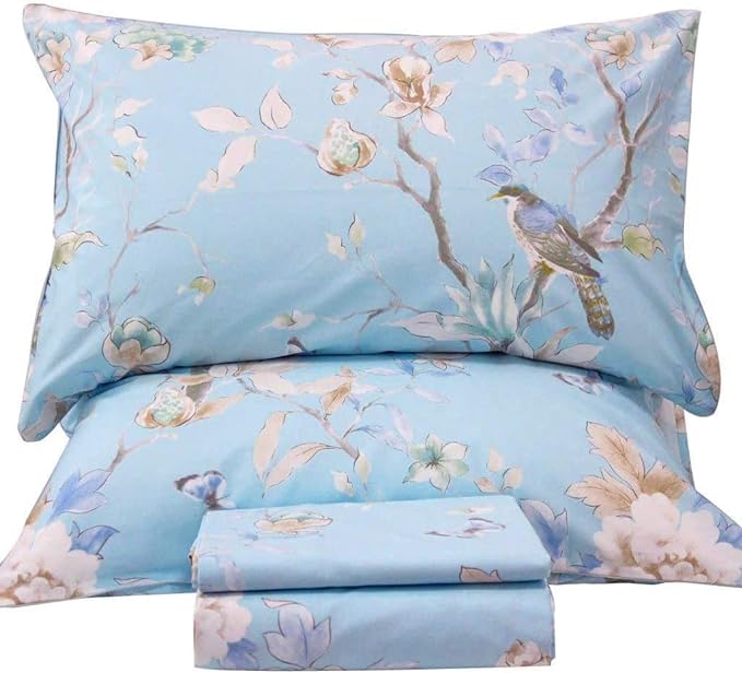 QSH 100% Egyptian Cotton Cal King Sheets, Blue Bird Plant Pattern Botanical Luxury Cotton Printed Flower California King Bedding Sheets, 4pcs Deep Pocket California King Floral Bed Sheet Set - LeafyLoom