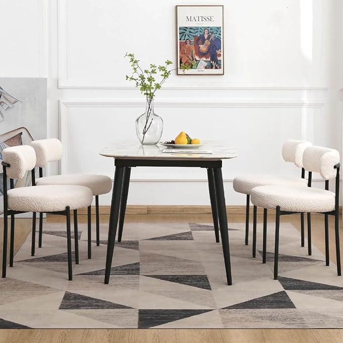 EDWELL White Dining Chairs Set of 4, Modern Dining Room Chairs with 3.94“ Cushions and Metal Legs, Round Upholstered Kitchen Dining Chairs, Ergonomic Backrest Boucle Chairs for Kitchen, Living Room - LeafyLoom