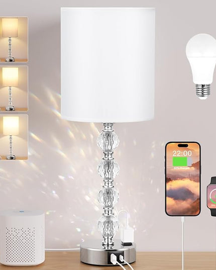 Acaxin Touch Bedside Crystal Lamps for Bedrooms Nightstand with USB C+A Charging Port and AC Outlet White, 3 Way Dimmable Silver Large End Side Table Lamp for Living/Guest/Dinning Room/Kitchen - LeafyLoom