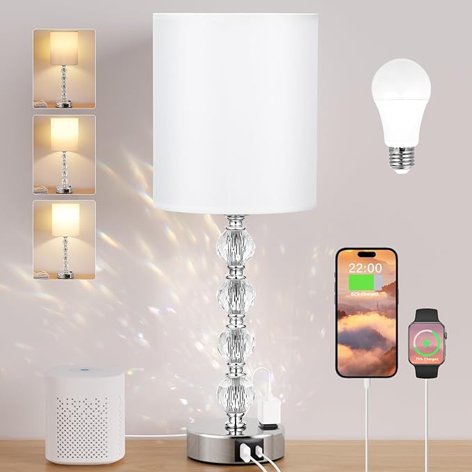 Acaxin Touch Bedside Crystal Lamps for Bedrooms Nightstand with USB C+A Charging Port and AC Outlet White, 3 Way Dimmable Silver Large End Side Table Lamp for Living/Guest/Dinning Room/Kitchen - LeafyLoom