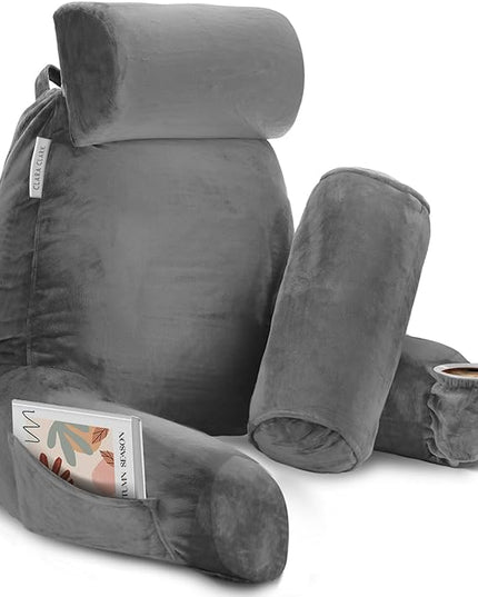 Clara Clark Reading Pillow, Large Back Pillow for Sitting Up in Bed, Memory Foam Back Support Pillow, Reading Pillows for Sitting in Bed Adult, Grey Sit Up Pillow for Bed Chair with Arms and Pockets - LeafyLoom