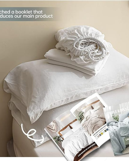 Simple&Opulence 100% Linen Sheet Set Solid Color-4 Pcs Washed French Linen Bed Sheets(1 Flat Sheet,1 Fitted Sheet,2 Pillowcases)-Breathable Bedding Set (White, Queen) - LeafyLoom
