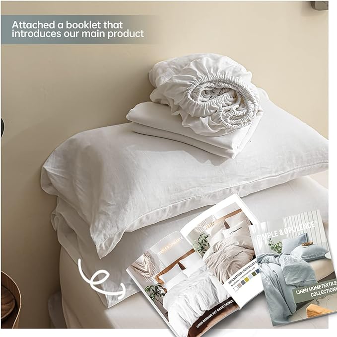 Simple&Opulence 100% Linen Sheet Set Solid Color-4 Pcs Washed French Linen Bed Sheets(1 Flat Sheet,1 Fitted Sheet,2 Pillowcases)-Breathable Bedding Set (White, Queen) - LeafyLoom