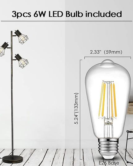 BoostArea Industrial Floor Lamp, Tree-Bronze Gold, 3 Diamond-Shaped Lamp Cages, 3pcs 6W LED Bulbs Included, Eco-Friendly, Reliable Quality, Easy Assembly, Match with Multiple Home Styles - LeafyLoom