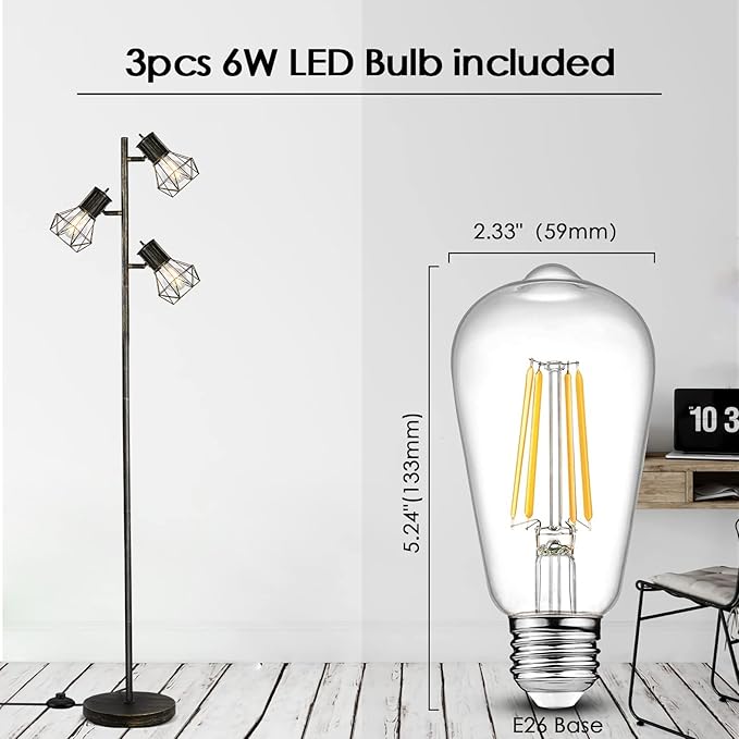 BoostArea Industrial Floor Lamp, Tree-Bronze Gold, 3 Diamond-Shaped Lamp Cages, 3pcs 6W LED Bulbs Included, Eco-Friendly, Reliable Quality, Easy Assembly, Match with Multiple Home Styles - LeafyLoom