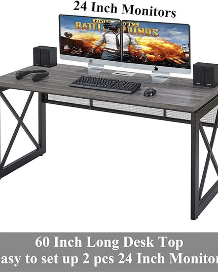 BON AUGURE Industrial Computer Desk, Rustic Wood Desk for Home Office, Sturdy Metal Writing Work Desk (60 Inch, Dark Grey Oak) - LeafyLoom