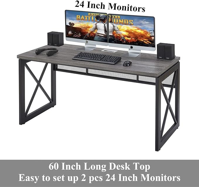 BON AUGURE Industrial Computer Desk, Rustic Wood Desk for Home Office, Sturdy Metal Writing Work Desk (60 Inch, Dark Grey Oak) - LeafyLoom