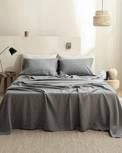 Simple&Opulence 100% Linen Sheet Set Solid Color-4 Pcs Washed French Linen Bed Sheets(1 Flat Sheet,1 Fitted Sheet,2 Pillowcases)-Breathable Bedding Set (Grey, King) - LeafyLoom