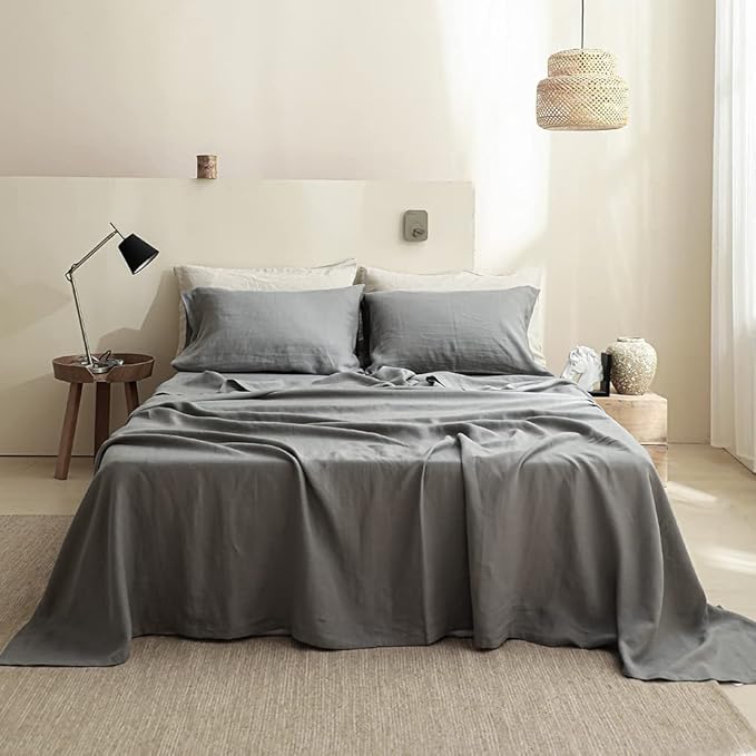 Simple&Opulence 100% Linen Sheet Set Solid Color-4 Pcs Washed French Linen Bed Sheets(1 Flat Sheet,1 Fitted Sheet,2 Pillowcases)-Breathable Bedding Set (Grey, King) - LeafyLoom